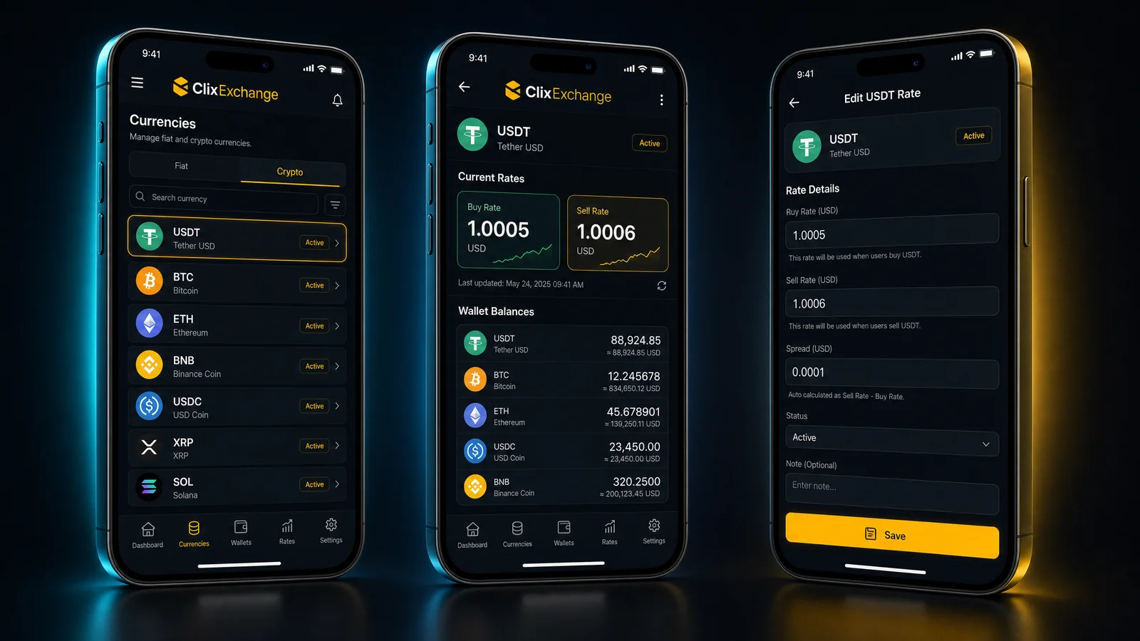 Адмін-додаток ClixExchange — валюти, курси USDT, баланси криптогаманців