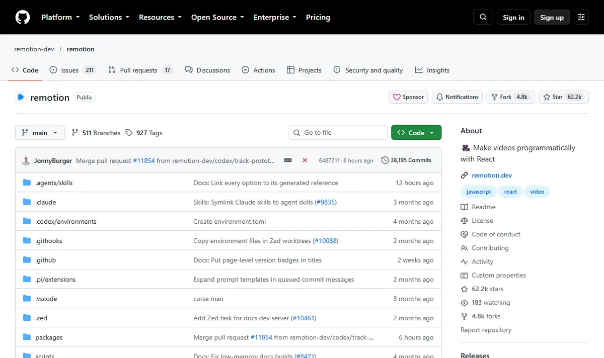 Крок 2: Remotion для професійної React-анімації та субтитрів: сторінка github.com/remotion-dev/remotion