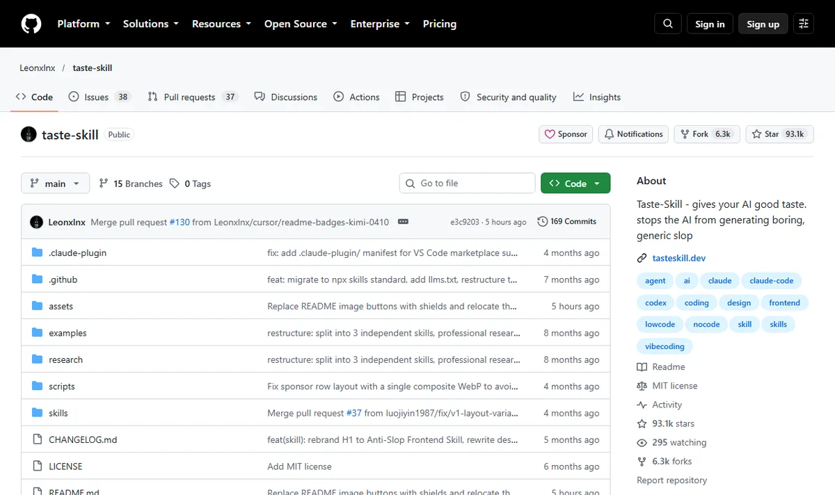 Крок 3: Taste Skill проти шаблонного штучного дизайну: сторінка github.com/Leonxlnx/taste-skill