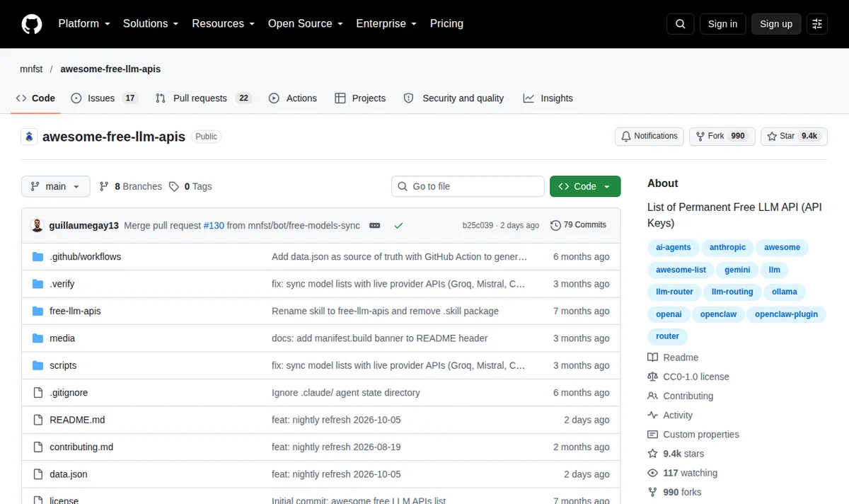 Free LLM API: резерв безкоштовних токенів: сторінка github.com/mnfst/awesome-free-llm-apis