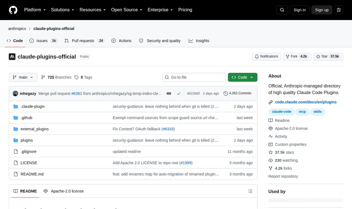 Встановлення через офіційний каталог Claude Code: сторінка github.com/anthropics/claude-plugins-official