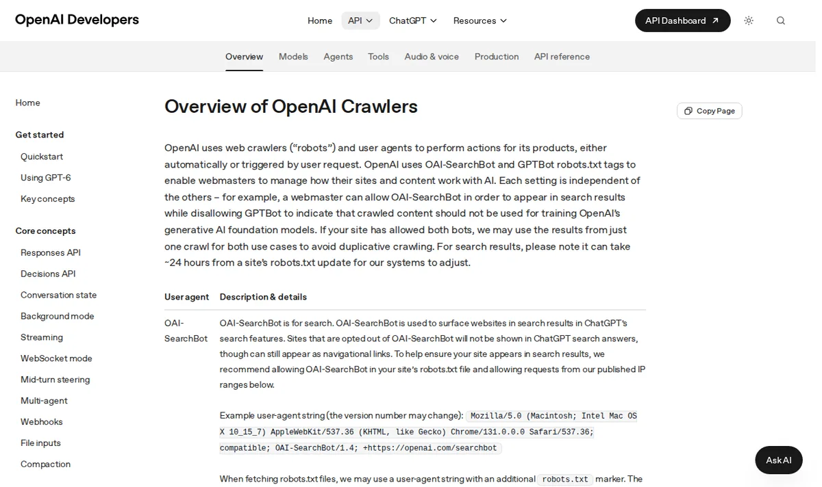 Відкрийте доступ пошуковим роботам у robots.txt: сторінка developers.openai.com/api/docs/bots