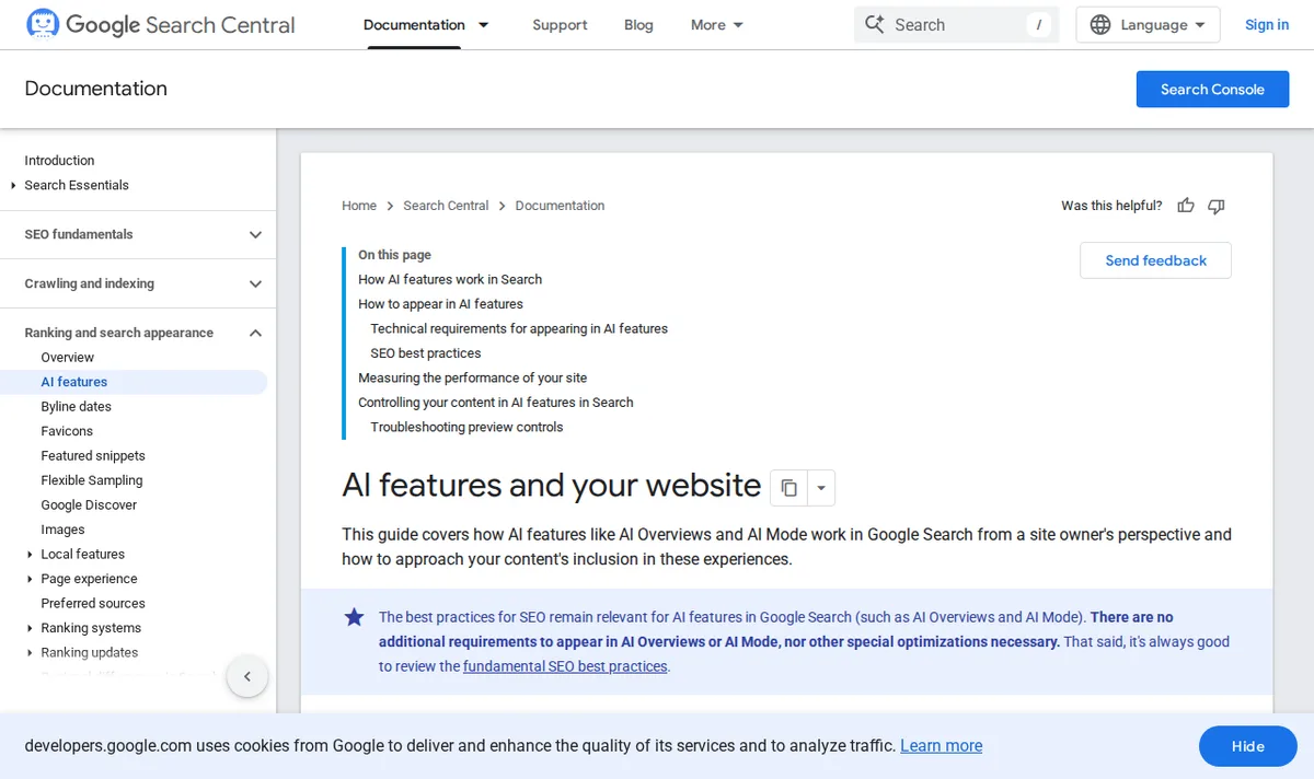 Перевірте індексацію в Google Search Console: сторінка developers.google.com/search/docs/appearance/ai-features